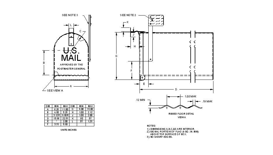 Detailed drawing of a TRADITIONAL MAILBOX.